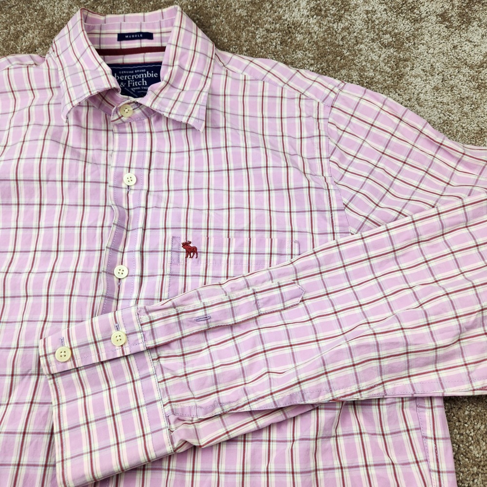 Abercrombie & Fitch Mens Muscle Fit Plaid Button Down Shirt Pink XL Long Sleeve